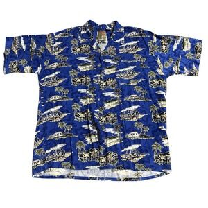 Vintage Pineapple Connection Hawaiian Shirt XL Rayon Blue Camper Aloha Beach